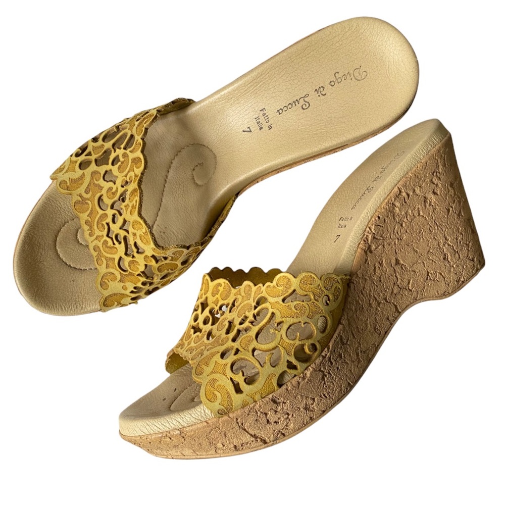 Yellow Diego di Lucca wedge sandal with cutout design, size US 7, Euro 38